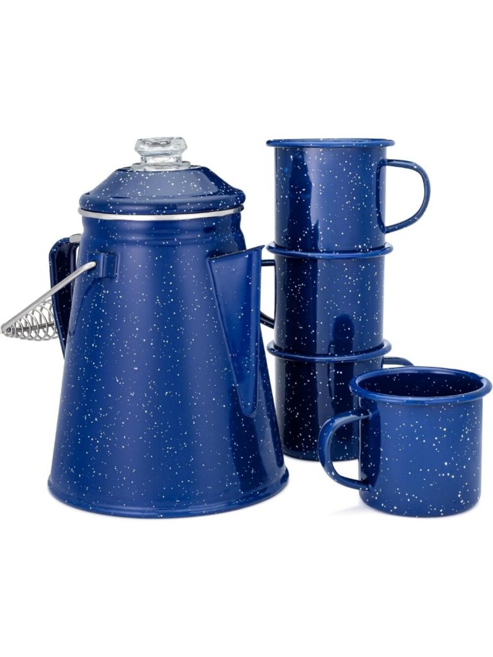 Nostalgic Blue Enamel Coffee Percolator Set with 4 Mugs - 12 Cup Camping